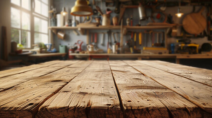 Worn old wooden table and workshop interior. Retro vintage photo of background horizontal copy space. Sun light and dark shadows.
