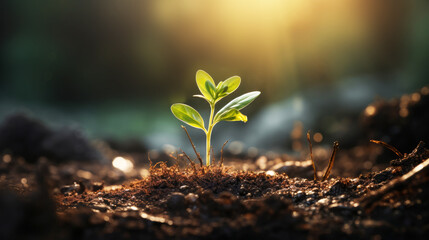Young plant growing in soil with sunlight. small tree growing on soil in the garden with sunshine. - obrazy, fototapety, plakaty