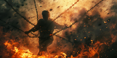 A man escapes from the chains, breaks the chains against the background of a fire and explosion. Freedom concept. Background for design. - obrazy, fototapety, plakaty