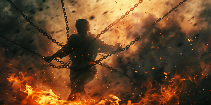 A man escapes from the chains, breaks the chains against the background of a fire and explosion. Freedom concept. Background for design.