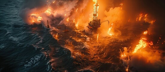 Aerial View of Drilling Rig Engulfed in Oil Well Blowout Flames - obrazy, fototapety, plakaty
