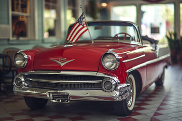 Retro car with American flag. Generative AI