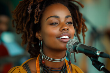 A woman with dreadlocks is smiling while singing into a microphone