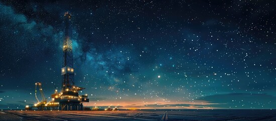 Drilling Rig in Starry Night Solitude: A Symbol of Industrial Peace - obrazy, fototapety, plakaty
