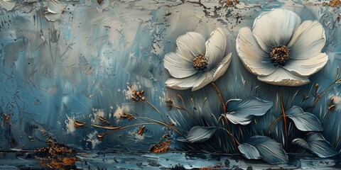 White Flowers Blooming on Blue Background - obrazy, fototapety, plakaty