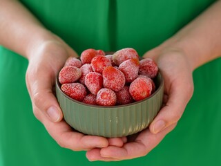 Woman holding green bowl full of frozen strawberries in her hands.
