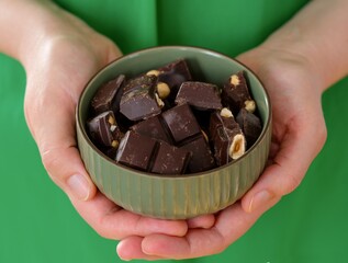Woman holding a bowl full of pieces of dark chocolate with nuts in her hands.