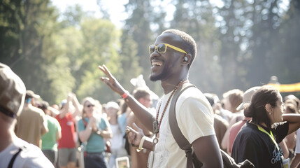 Fototapeta premium A group of friends attending a music festival and dancing in the crowd.