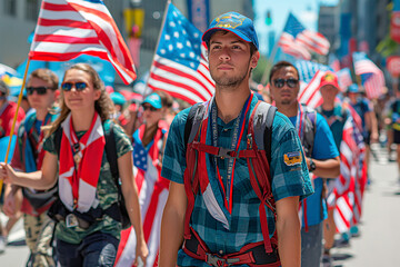 A crowd marching with American flags on Flag Day USA