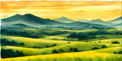 Obraz premium abstract painting of grasslands under a blazing sunset waves of greens