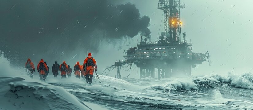 Fierce Determination of Industrial Workers Braving Elements to Maintain Drilling Rig