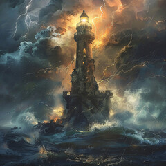 A Stalwart lighthouse forming a golden glow beacon of stability amidst the chaos of the storm, lightning strikes and lost ships, a captivating artwork.