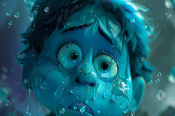 Fantasy human character sobbing and crying, drowning eyes and cheeks full of tear drops. Animation style V2.