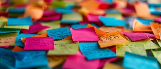 A pile of various marketingrelated words and phrases written on colorful sticky notes. Concept Marketing Strategy, Branding, Target Audience, ROI, Content Marketing - obrazy, fototapety, plakaty