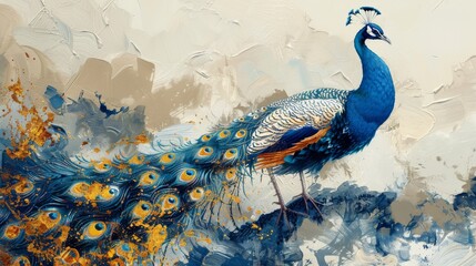 Peacock Painting on Blue Background - obrazy, fototapety, plakaty
