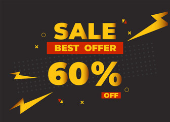 60% off sale best offer. Sale banner with sixty percent of discount, coupon or voucher vector illustration. Yellow and red template for campaign or promotion.