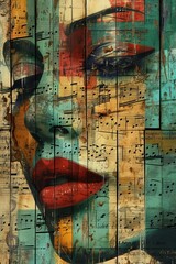 cubism art music, a female singer, abstract womans face, sheet music, collage