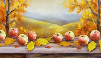Herbsthintergrund, auf eine alte Holzbrett, Reife Äpfel und schöne Bunte Blätter.  - obrazy, fototapety, plakaty