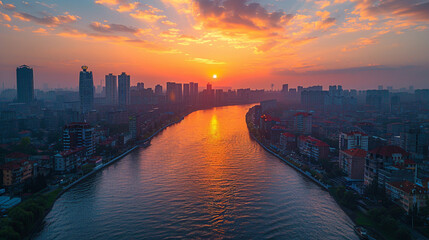 Beautiful sunset over the city river
