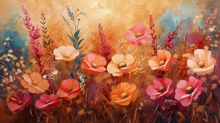Vibrant Flowers in a Field Painting - obrazy, fototapety, plakaty