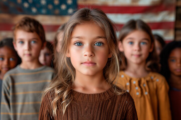 Cute girl and group of school children standing in front of a large American flag, proudly reciting the Pledge of Allegiance to honor Flag Day