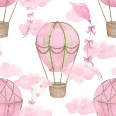 Watercolor baby seamless pattern with hot air balloon,  clouds and kites. Hand drawn cute  illustration on white background
