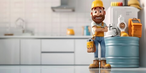 Cheerful Plumber Character Fixing Leaks and Defending Against Drips on a White Isolated Background - obrazy, fototapety, plakaty