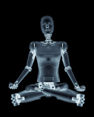 female cyborg is doing yoga