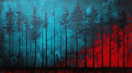 abstract forest and landscape painting. forest on fire, blue, grey, black and bright red 