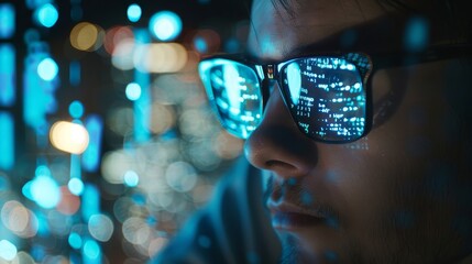 A coders concentration on cyber security tasks, highlighted in a cinematic 4K view, glasses aglow with code - obrazy, fototapety, plakaty