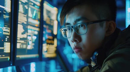 A focused Asian cybersecurity specialist analyzing log files and network traffic patterns to identify suspicious activities and potential security breaches in real-time. - obrazy, fototapety, plakaty