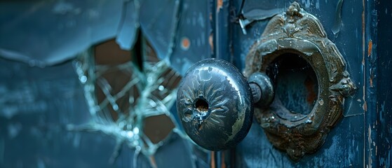 Closeup of a broken doorknob symbolizing forced entry and potential criminal activity relevant for home insurance claims. Concept Home Security, Forced Entry, Insurance Claims, Broken Doorknob - obrazy, fototapety, plakaty
