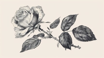 Vintage illustration of a rose with delicate petals unfolding in a classic botanical style - obrazy, fototapety, plakaty