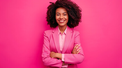 Linda mulher usando um terno rosa no fundo rosa - obrazy, fototapety, plakaty