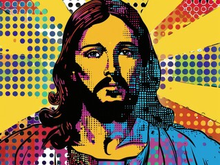 Pop art rendition of Jesus Christ, with bold colors and comic style dot patterns