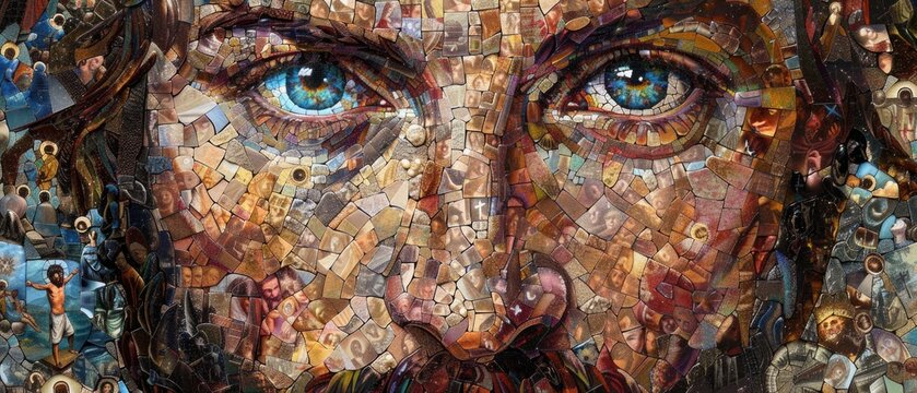 Jesus Christ's face, in a mosaic of tiny, hyper-realistic scenes from his life