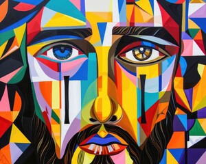 Abstract representation of Jesus Christ with bold colors and geometric shapes