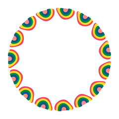 Circle hand drawn colorful rainbow and place for the text in the middle on white background. Doodle simple design