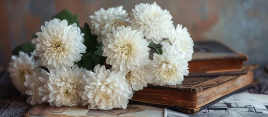 White flowers on a book on a table
