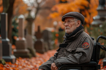 Veteran in wheel chair in a cemetery. Generative AI - obrazy, fototapety, plakaty