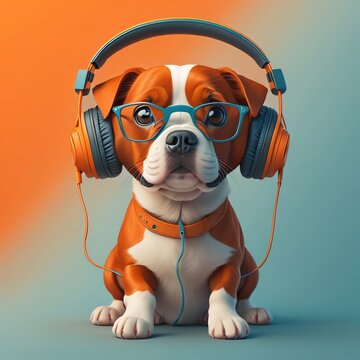 3d illustration of dog wearing headphones listening to music podcast