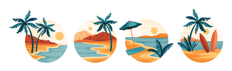 Obraz premium Tropical Landscape with Palm Tree and Sandy Shore Vector Set