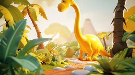 Cartoon of yellow dinosaurs in the forest - obrazy, fototapety, plakaty