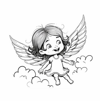 recommend clip art: Cute cartoon character angel with wings. Line drawing art