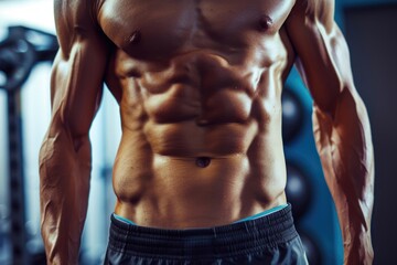 Fototapeta na wymiar Close-up of the abdominal muscles young athlete in gym