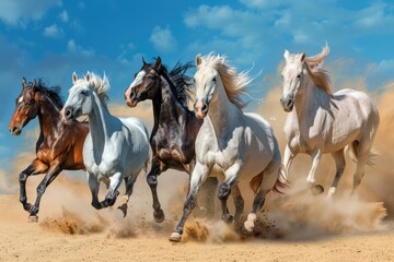 Obraz premium Group of horses running gallop in the desert.