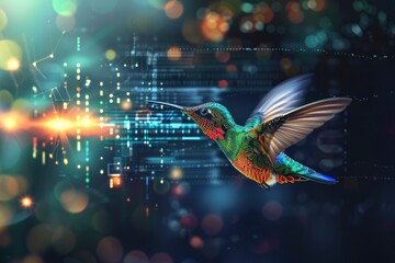 Obraz premium Flying hummingbird with futuristic data transmission background