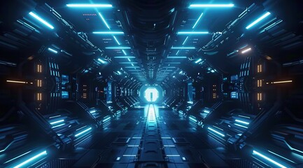 A futuristic spaceship corridor with blue neon lights, high resolution cinematography in the style of sci-fi films - obrazy, fototapety, plakaty