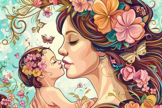 Happy mothers day design. Illustration of a mother holding a baby
