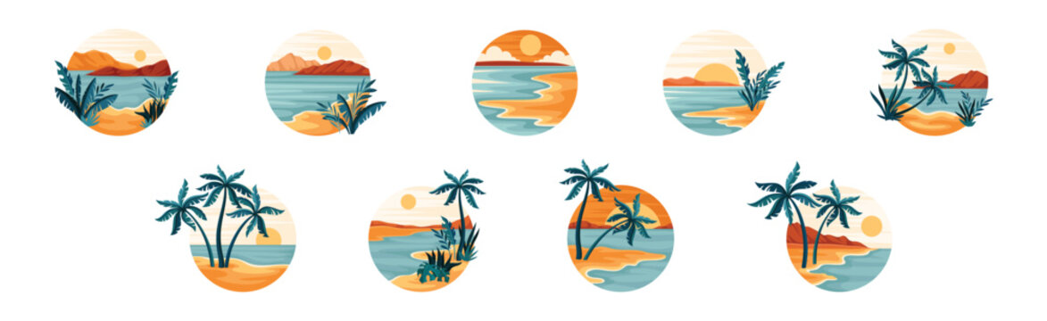 Tropical Landscape with Palm Tree and Sandy Shore Vector Set